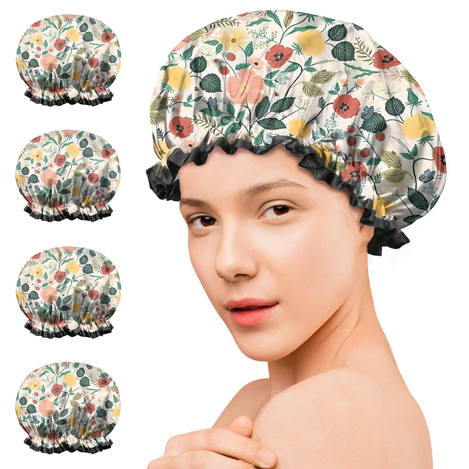 Shower Caps,Pioneer Flower Floral Print Pattern Waterproof Shower Cap for Women 4 Pieces,Double Reusable Hair Cover for Shower PEVA Elastic Stretch Hem