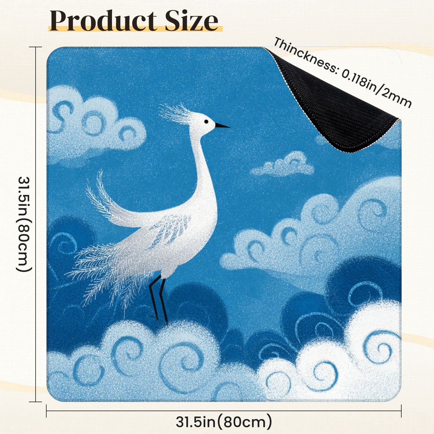 Chinoiserie Mahjong Mat 31.5" x 31.5" Symmetrical Crane Amid Swirling Clouds Non-Slip Noise Reduction Mahjong Tiles Table Cover for Dominoes Poker Card Board and Tile Games