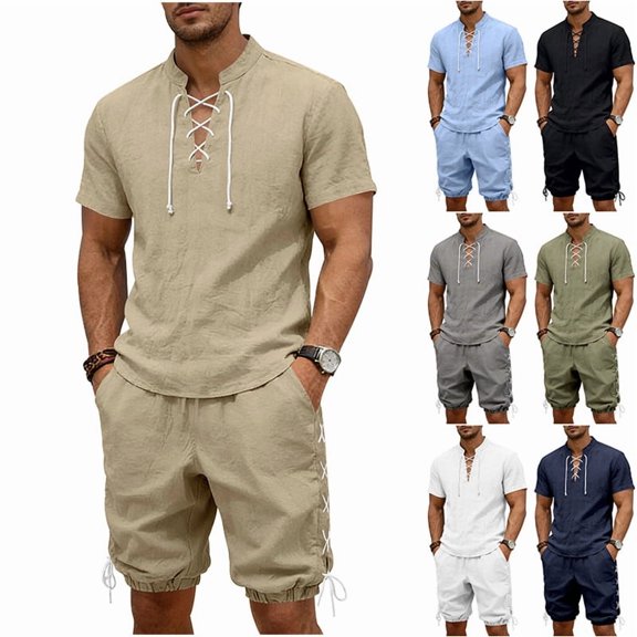 Men's 2 Pieces Linen Set Lace up Henley Shirt Short Sleeve and Medieval Viking Pirate Shorts Summer Beach Yoga Matching Outfits Big and Tall Size S-3XL White