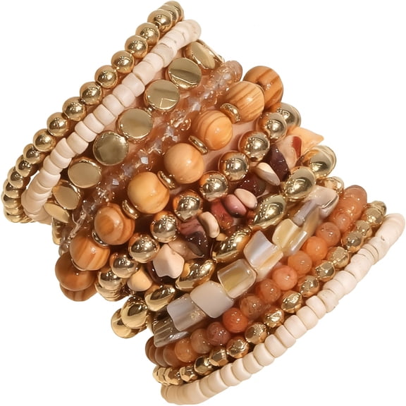 DESIGNICE 12 Pcs Beaded Bracelets for Women,Brown Orange Colorful Bohemian Stackable Gold Bead Stretch Bracelets Stack Summer Beach Jewelry Gift