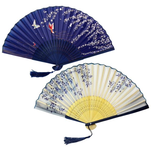 2 Pieces Handheld Fans, Silk Folding Fans with Bamboo Frames for Dancing Cosplay Wedding Party Props Decoration, White Blue
