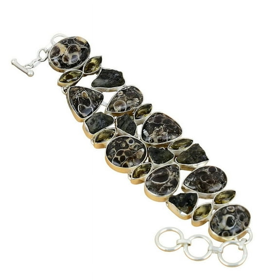 Turtilla Fossil & Smoky Topaz Bracelet 925 Sterling Silver | Handmade Natural Gemstone Fossil Jewelry Gift