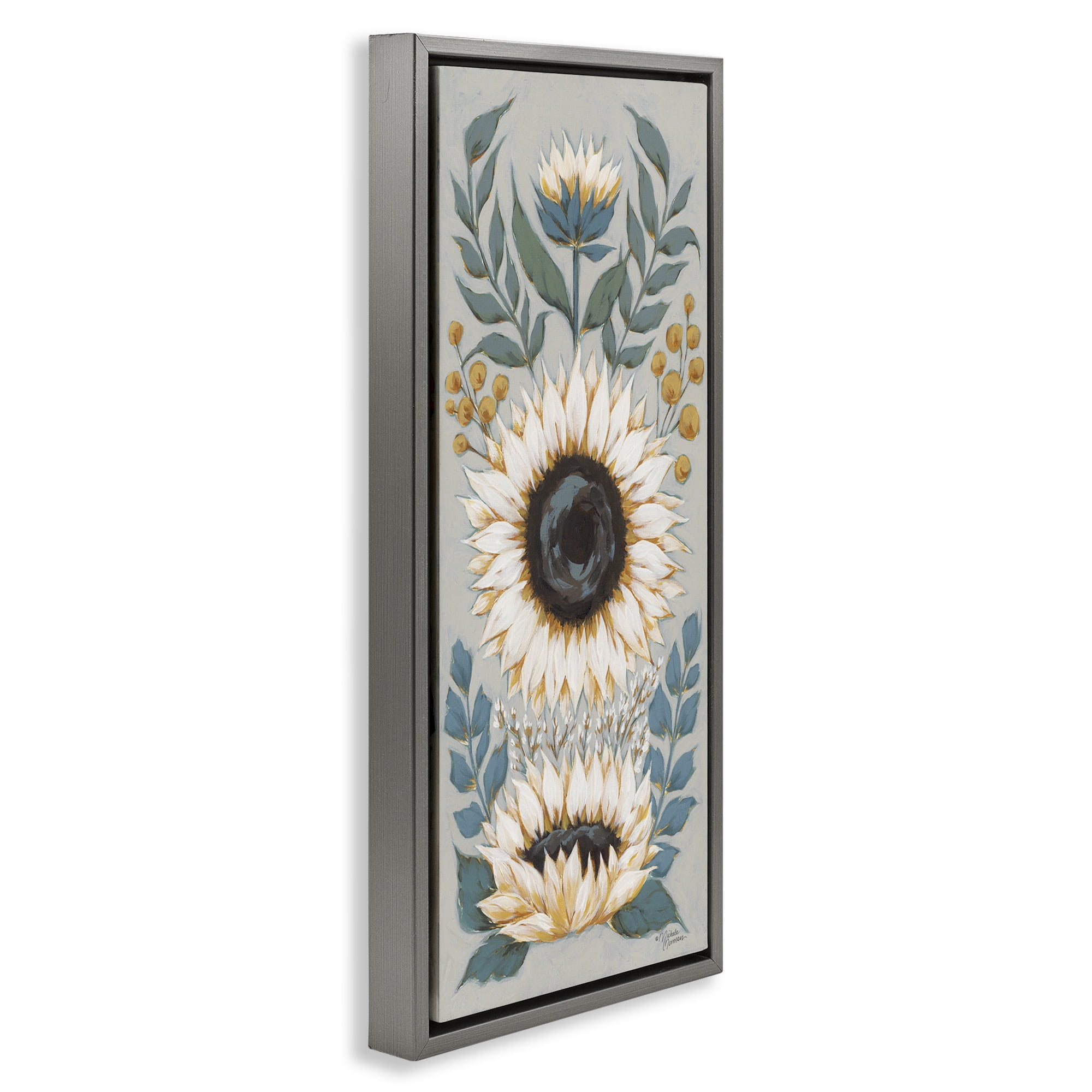 Stupell Industries Country Sunflower Blossoms Botanicals Botanical & Floral Painting Gray Floater Framed Canvas Art Print Wall Art, 15 x 31