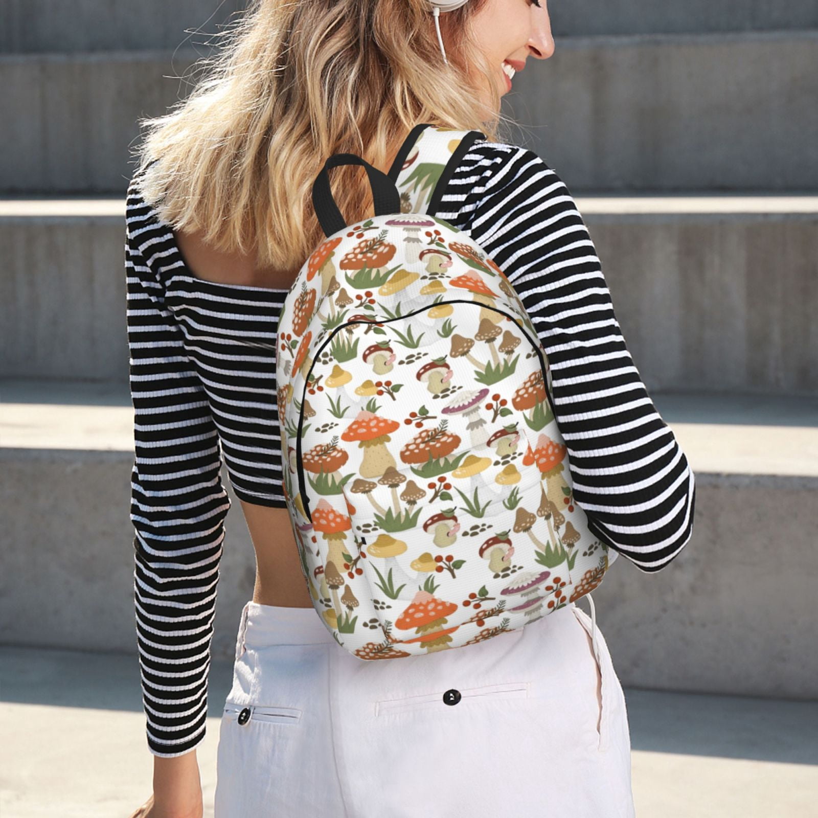 Lafuoo Mushrooms Pattern Canvas Backpack, Zipper Laptop  display picture 3