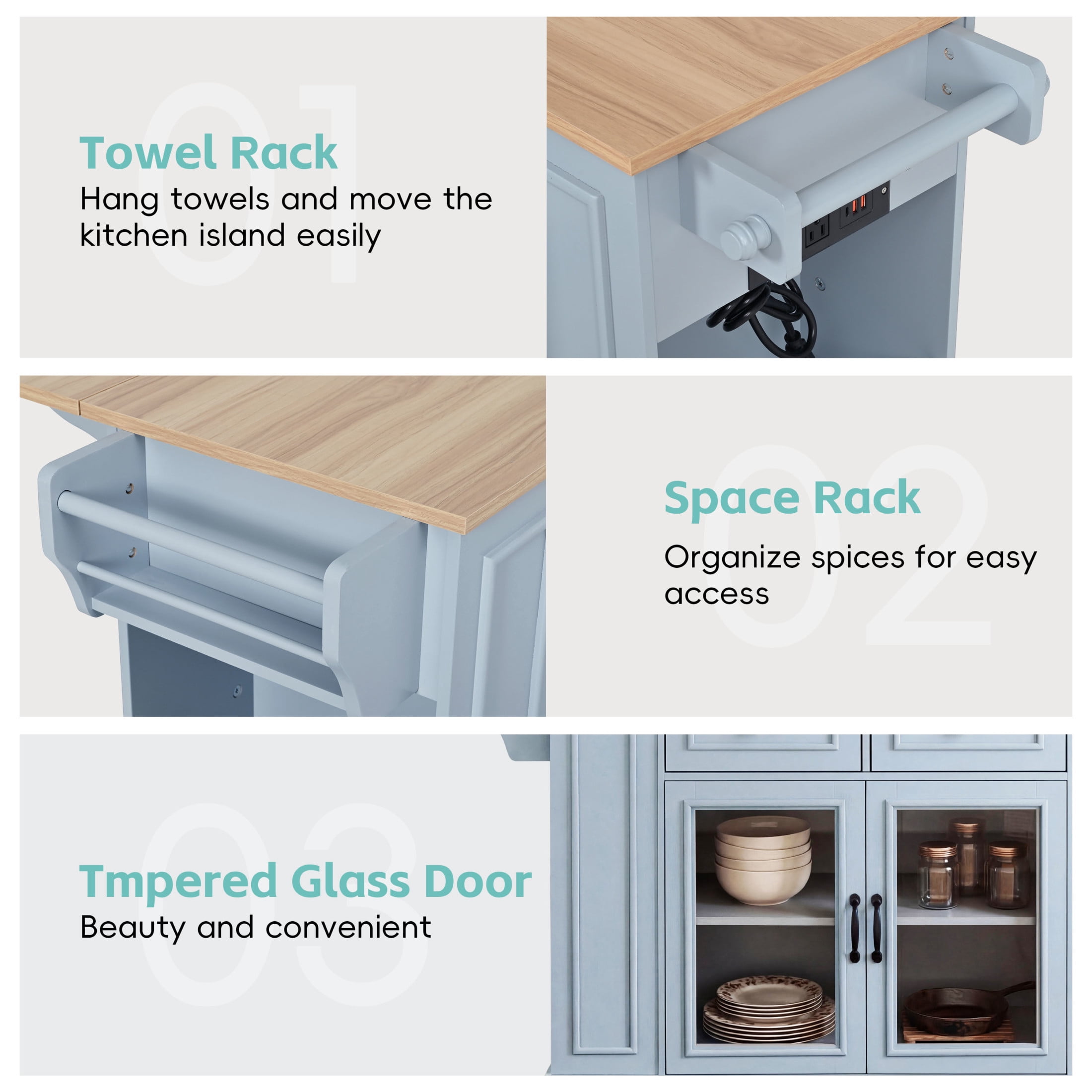 Christopher Knight Home 54.33" Mobile Kitchen Island Cart with Power Outlet and Storage, Blue Gray+Natural