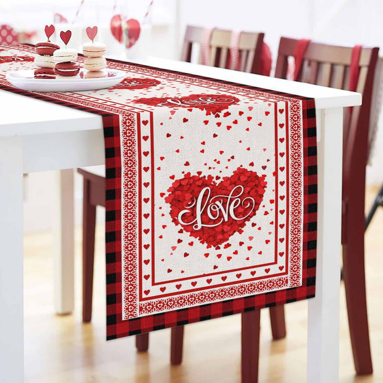 LOVE Heart Table Runner, Valentine's Day Romantic Red Plaid Boundary Washable Cotton-linen Table Runners Dining Kitchen Decoration for Everyday Home Wedding Party Decor, 13 x 90 Inch