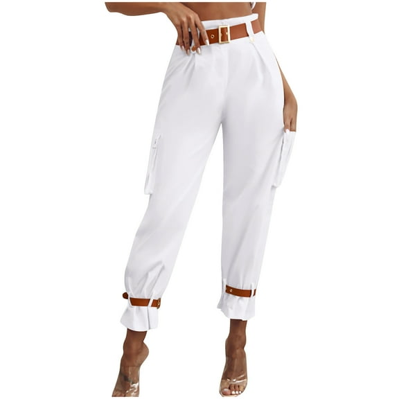 XFLWAM Women High Waist Pants Casual Wide Leg Pants with Pockets Buckle Cuffed Cargo Pants