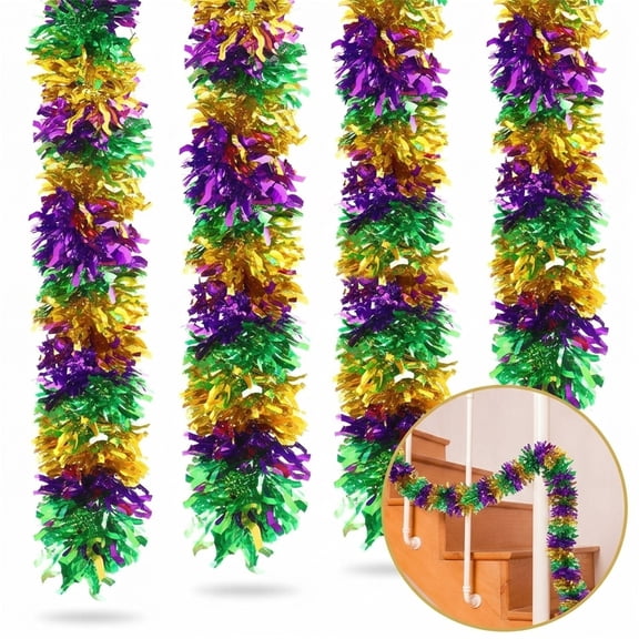 NOGIS 4 Pieces 26.3 Feet Mardi Gras Tinsel Garland Decoration Green Purple and Gold Metallic Festooning Garland Mardi Gras Decorations for Tree Shiny Hanging Ornament for Party Indoor Outdoor
