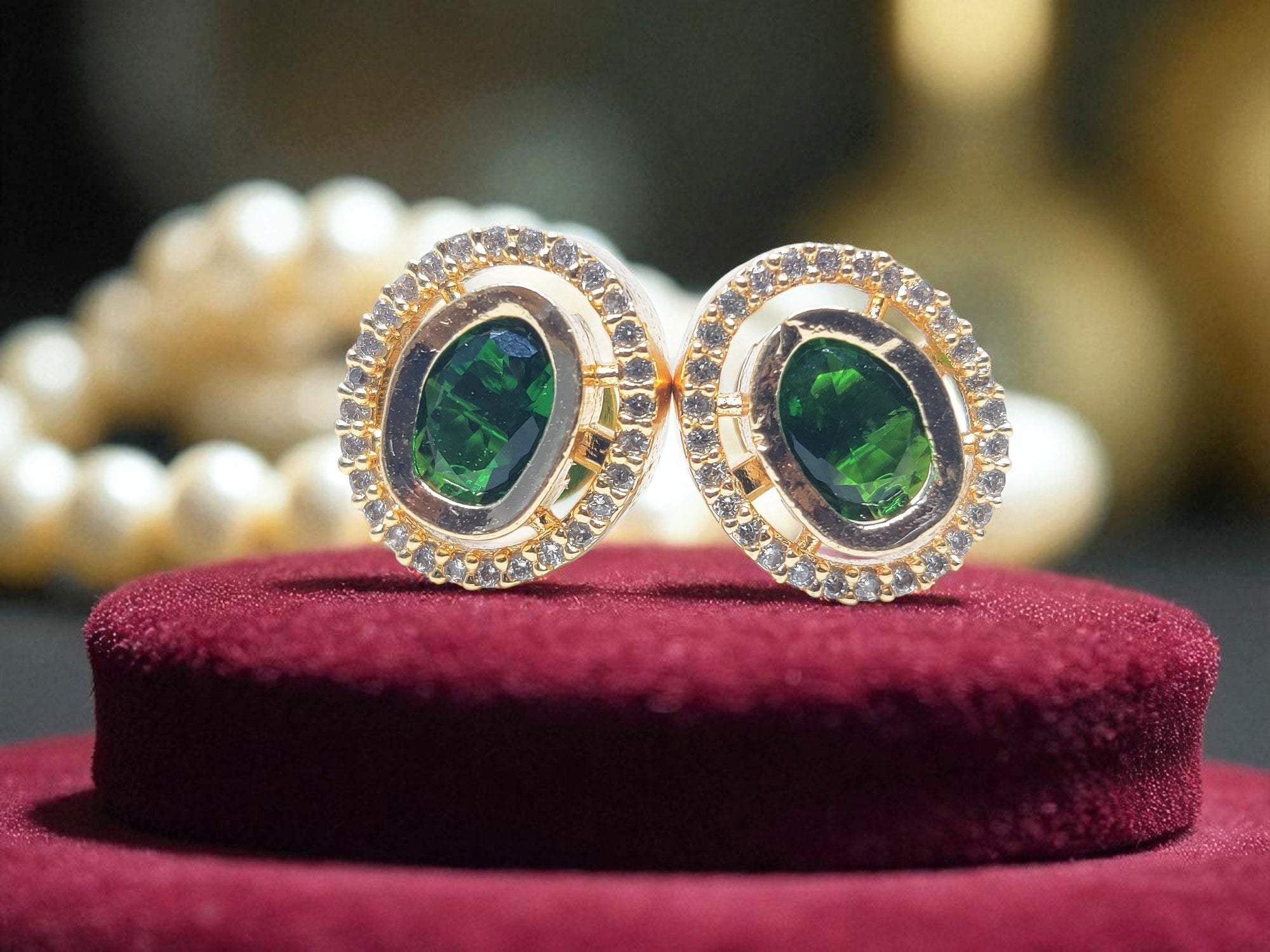 Juhi Jewels Gold Tone Brass Stud Earrings for Women – Green Crystal Gem with Clear Crystal Halo, Anti-Tarnish Fashion Jewelry