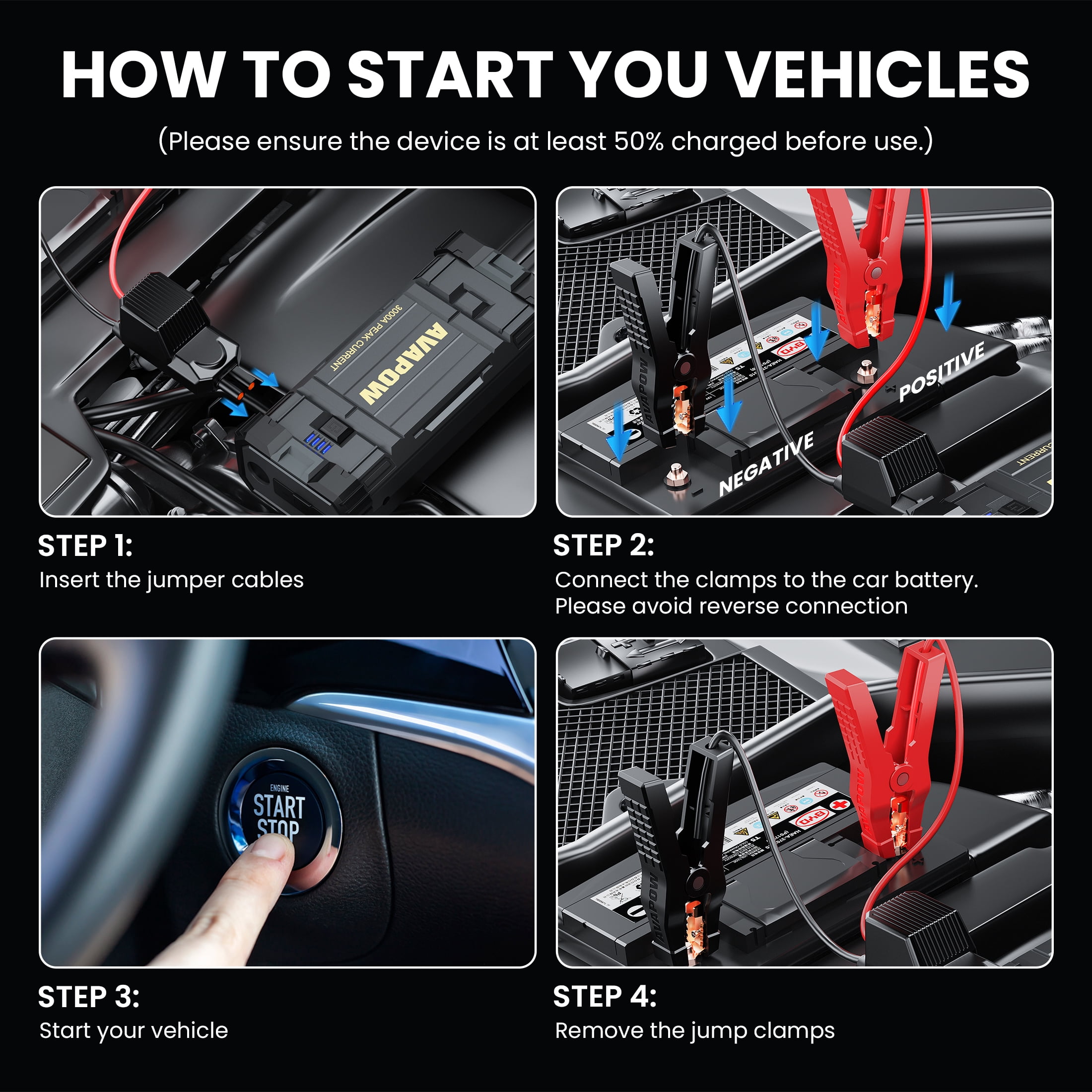 AVAPOW Car Jump Starter, 3000A Peak 23800mAh Battery Jump Booster, 12V Portable Jump Box for Up to 8L Gas 8L Diesel Engine, Battery Starter with Jumper Cables, LCD Display, Lights
