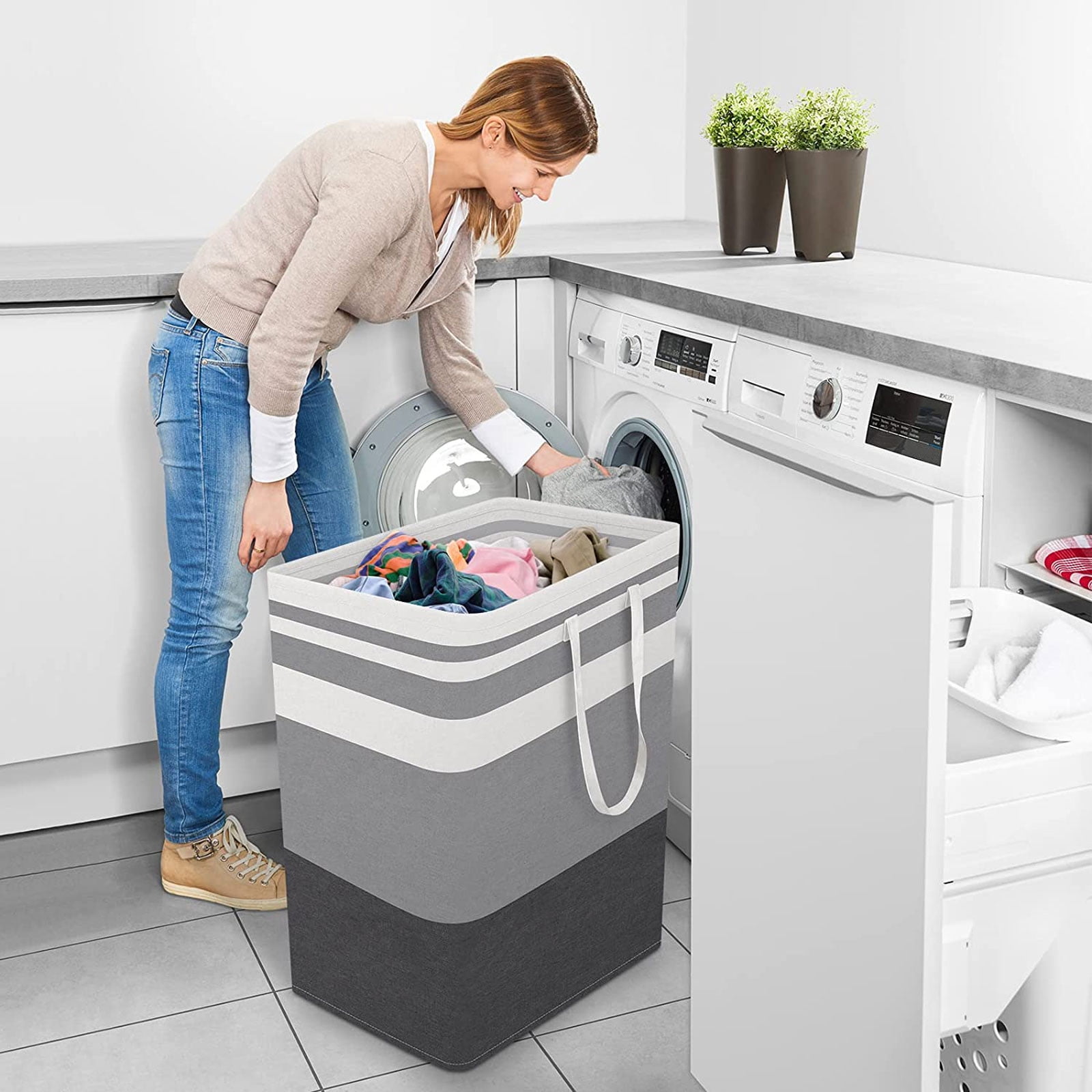 Tripumer 2Pack Large Laundry Basket 100L Each Waterproof Freestanding Laundry Hamper Collapsible Tall Clothes Hamper with Extended Handles for Clothes Toys in the Dorm and Family-Gradient Grey