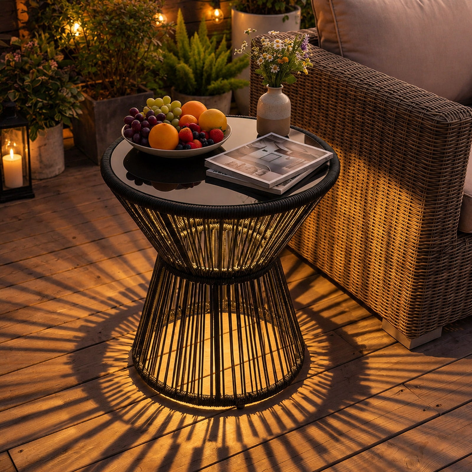 Biotree Outdoor Side Table with LED Warm Light, PE Rattan End Table with Tempered Glass Top and Battery Lamp for Patio Porch Balcony, Black