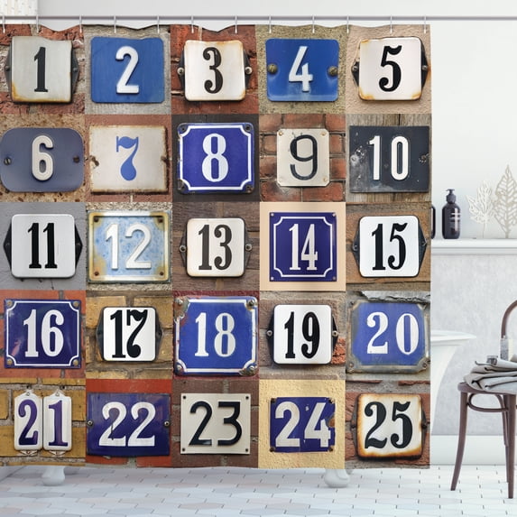 Number Shower Curtain, Collage of House Numbers 1 to 25 Urban Building City Style Street Architecture Print, Fabric Bathroom Set with Hooks, 69W X 84L Inches Extra Long, Multicolor, by Ambesonne