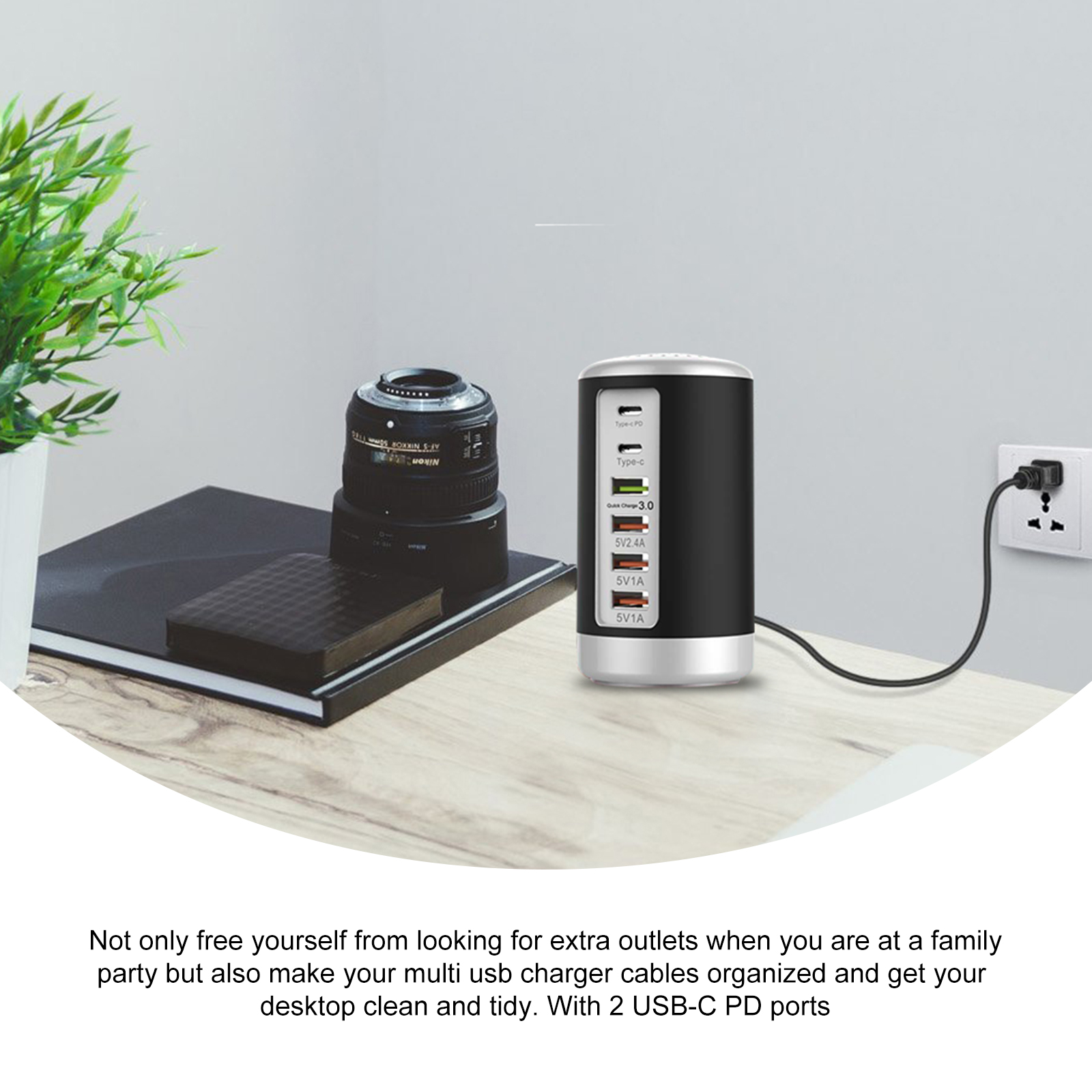 USB Charger, TSV 65W 6 Port Desktop USB Charging Station Hub Wall Charger (3 USB+Type C+QC3.0+PD 18W), Fast Charging Multi-Port Rapid Adapter Compatible with iPad, Smartphones, Tablets - image 4 of 9