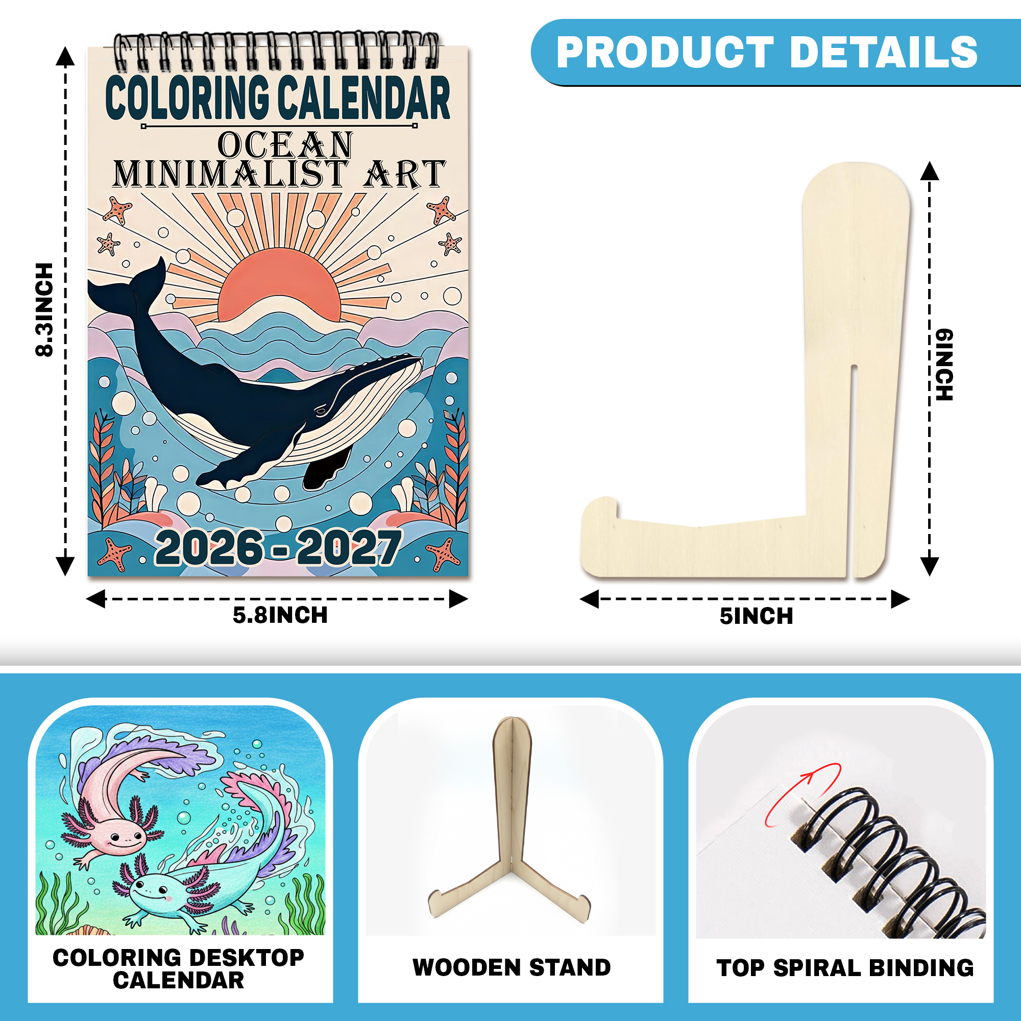 Ocean Minimalist Art Coloring Desk Calendar 2026–2027, A5 Wooden Cover Planner with 26 Easy Coloring Pages for Adult Relaxation, 24 Month Desktop Calendar with Stand, Gift for Family, Friends
