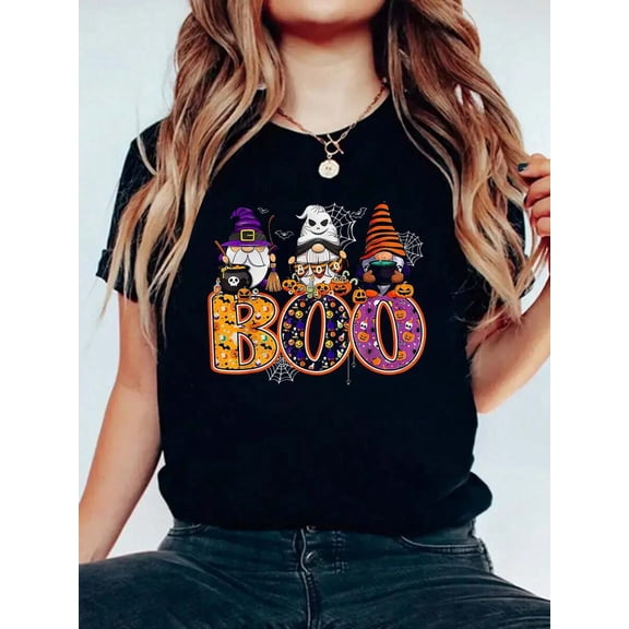 Funny Witch Spiders Pumpkins Gnome Happy Halloween Graphic T-Shirt, Halloween Outfit Tops For Women