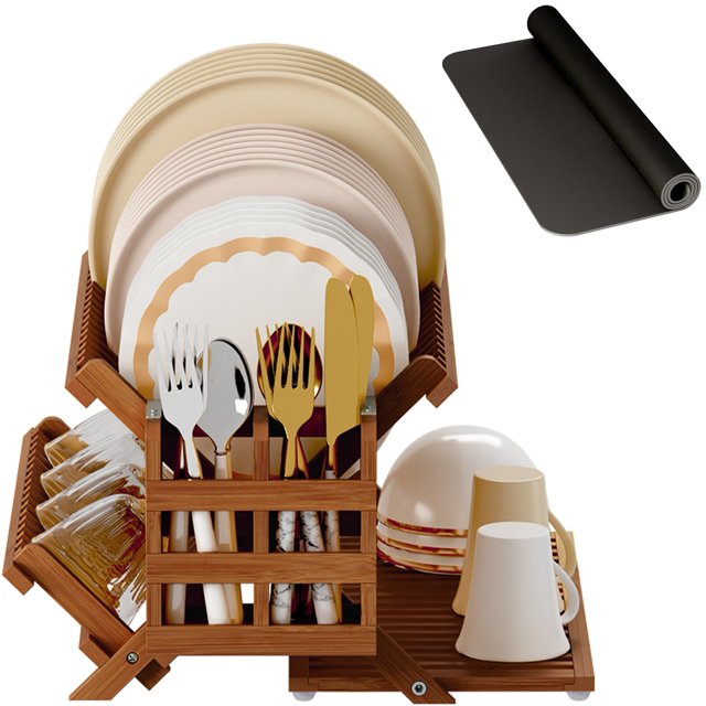Estante para secar platos Greenual Teak de 3 niveles con soporte para utensilios