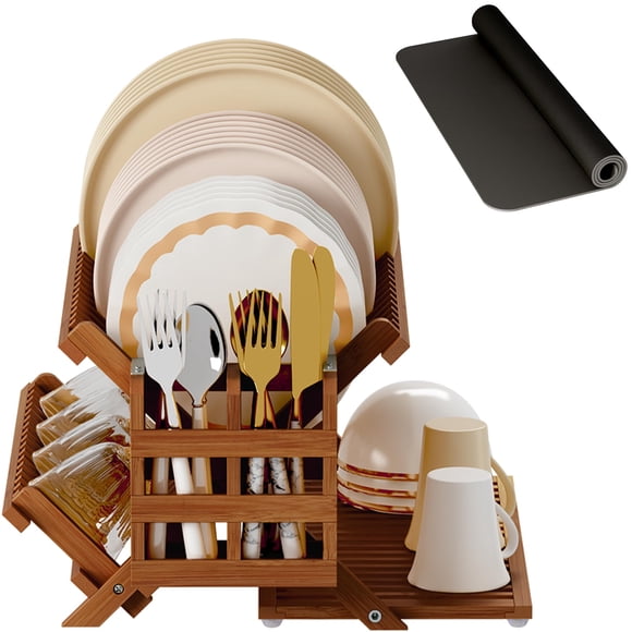 Estante para secar platos Greenual Teak de 3 niveles con soporte para utensilios