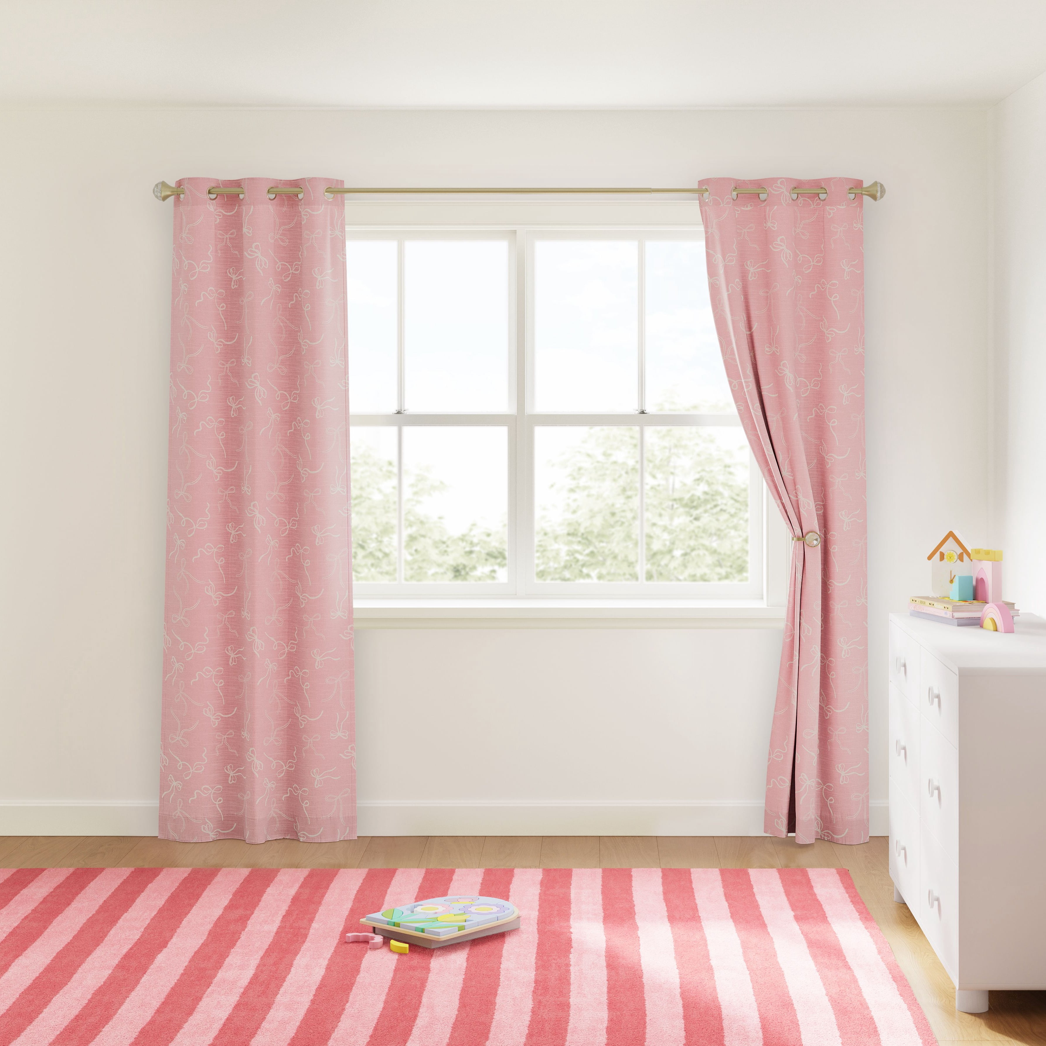 Mainstays Kids Light Filtering Grommet Single Curtain Panel, Pink Ribbons, 38 in x 84 in