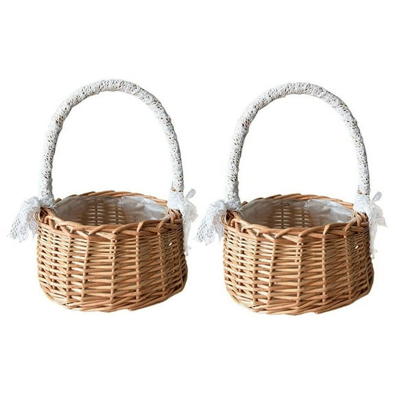 2PCS Woven Storage Basket with Handle,Wedding Flower Girl Baskets,Wicker Rattan Flower Baskets for Home Garden Decor
