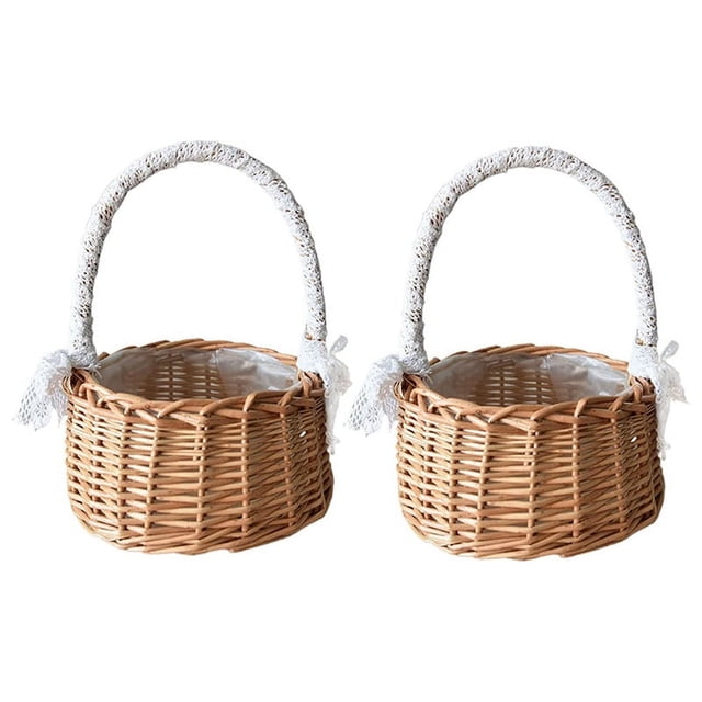2 Cestas de Almacenamiento Tejidas con Asa, Cestas de Flores para Boda, Cestas de Flores de RatáN de Mimbre para la DecoracióN del JardíN del Hogar