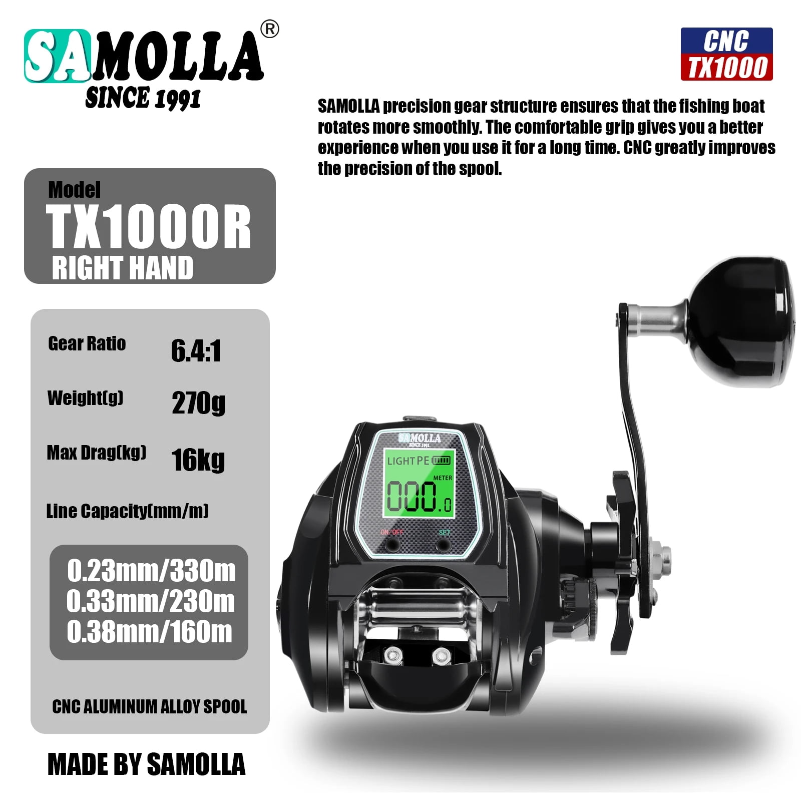 Large Deep Sea Electronic Fishing Reel Baitcasting Saltwater Waterproof 6.4:1 16KG Drag Catfishing Trolling Metal Base