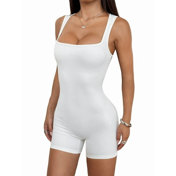 Women'S One Piece Jumpsuits Short Bodysuit Workout Rompers Summer Outfits Gym Yoga Beach 2025 Cream White L