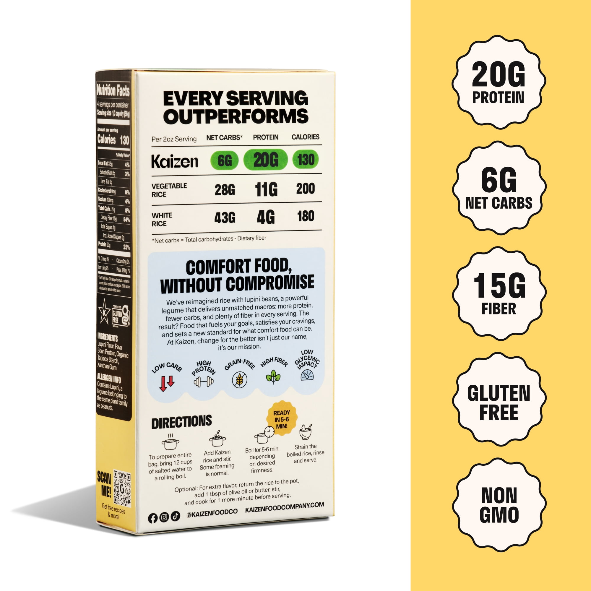 Kaizen Low Carb Keto Rice - Gluten-Free, High Protein (20g), Keto Friendly, Plant Based, Made with High Fiber Lupin Flour - 8 ounces (Pack of 3)