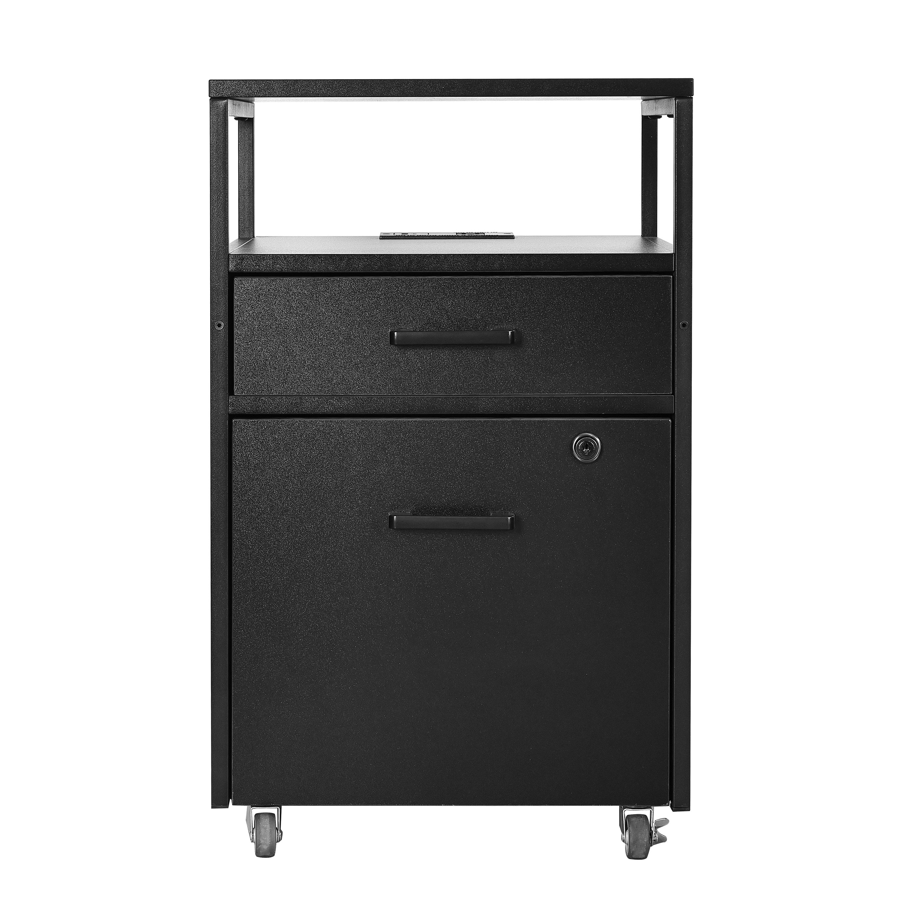 Modern 2-Drawer Rolling File Cabinet with Lock, 2 USB Ports and Power Outlet for Device Charging, Portable File Organizer or Printer Stand for Office or Home with Locking Wheels, Black