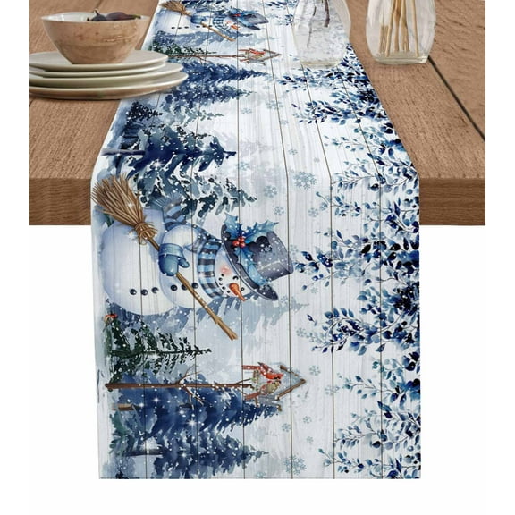 Blue Christmas Table Runner 72 Inch Long Dresser Scarves Cotton Linen Tablerunners Snowman Eucalyptus Leaves Snowflake Wooden Dining Kitchen Burlap Table Setting Decor for Party Holiday, 13"x72"