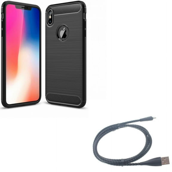 Carbon Fiber Case w 3ft Metal USB Cable for iPhone XS Max - Slim Fit Cover Reinforced Bumper Shock Absorbent Black and Charger Cord Power Wire Braided Sync