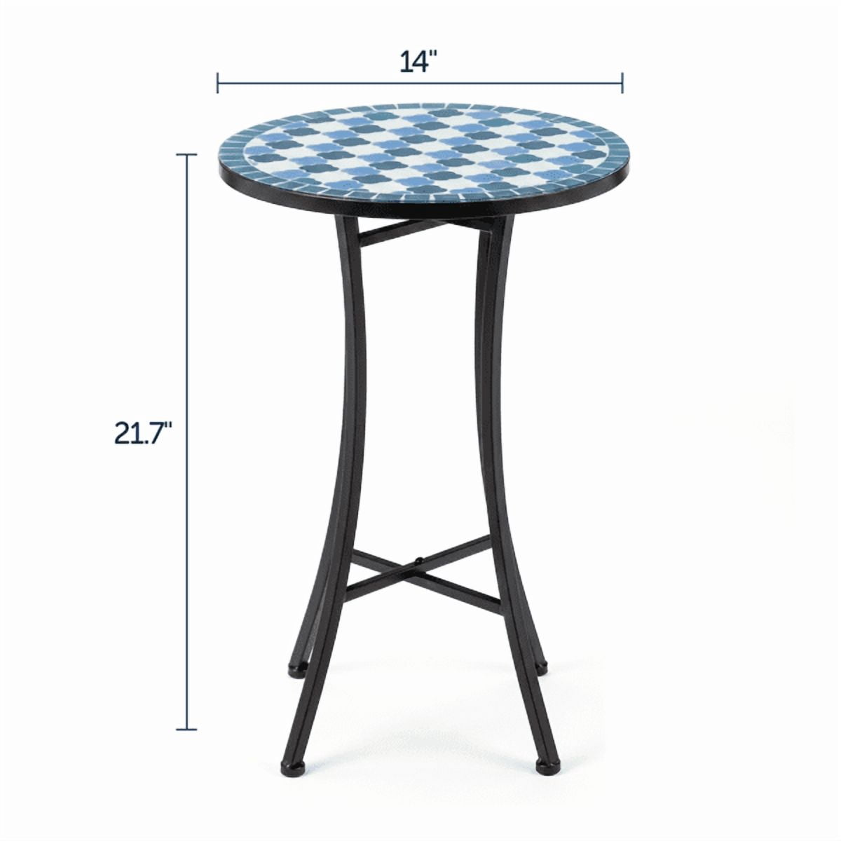 14 inch Side Table, Round Iron Top End Table, Indoor Outdoor Accent Table, Blue & White Checkered Mosaic