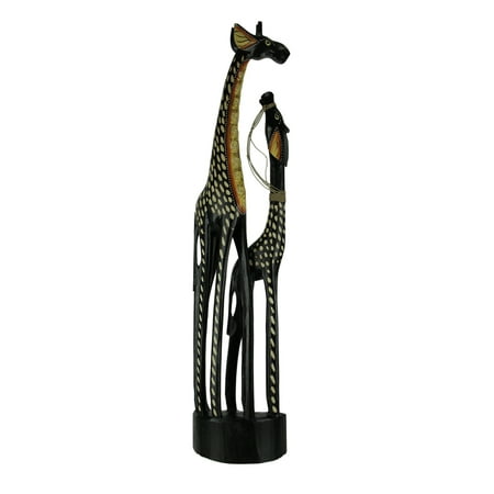 Carved Giraffe Statue - 30 Inch Tall Hand Carved Wooden Mother and Child Giraffes Statue