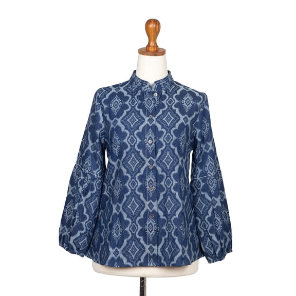 NOVICA Artisan Handmade Denim Shirt Jacket Woven Cotton Buttonup from Java Clothing Blue Indonesia 'Brocade Flowers'
