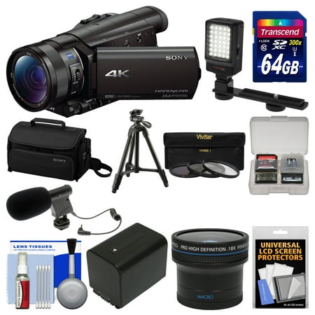 Sony Handycam FDR-AX100 Wi-Fi 4K HD Video Camera Camcorder with 64GB Card + Case + LED Light + Battery + Mic + Tripod + Fisheye Lens + Kit