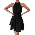 thumbnail image 1 of B91xZ Printemps Robes pour les Femmes V Cou Volant Simple Couleur Unie Décontractée Robe d'Hiver d'Été, Noir L, 1 of 5