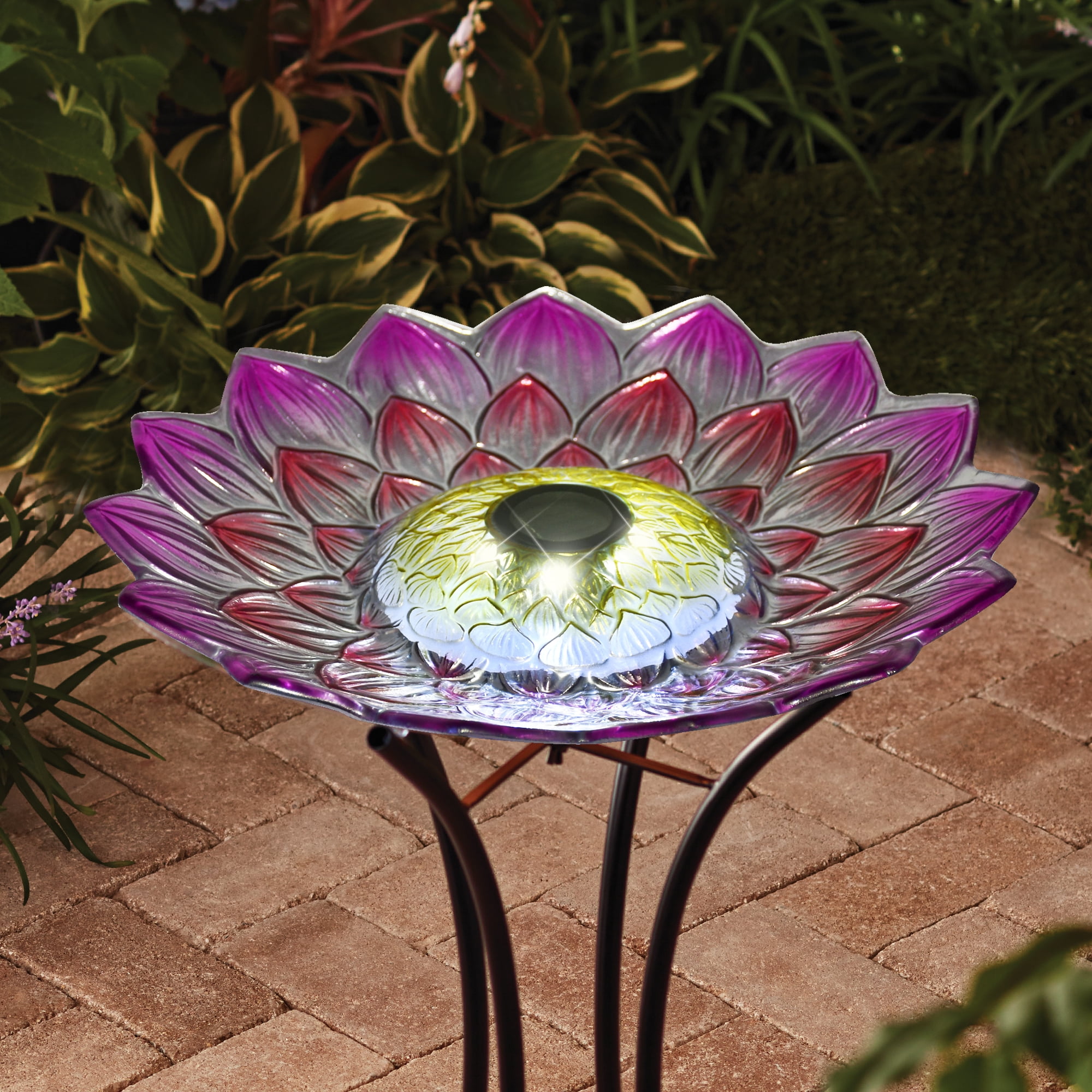 SOLAR LED FLORAL GLASS BIRD BATH WITH STAND - PINK DAHLIA