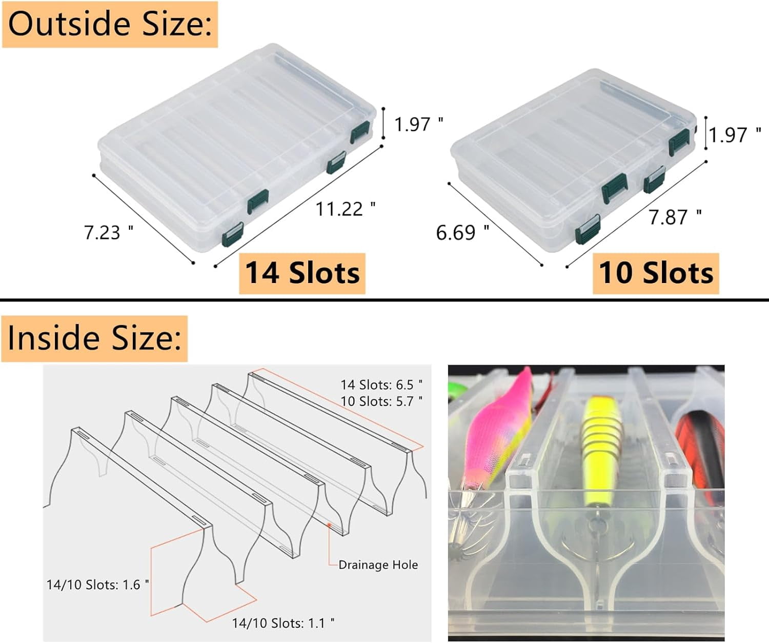 Double-Sided Fishing Lure Hook Tackle Box Visible Hard Plastic Clear Fishing Lure Bait Squid Jig Minnows Hooks Accessory Storage Case Container (Clear-10 Slots)