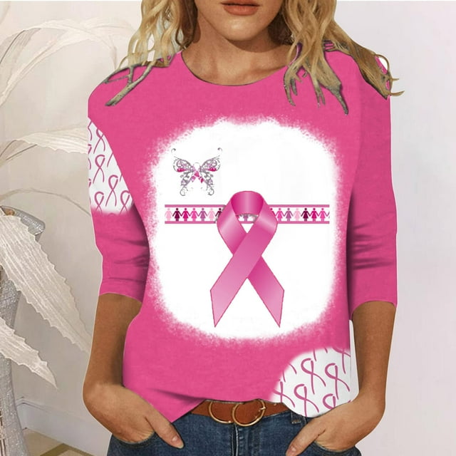 TIMIFIS Chandails de Sensibilisation au Cancer du Sein pour Femmes Ruban Chandail à Manches Longues Blouse Imprimée T-shirt Ample Blouse à Manches 3/4 Col Rond Hauts Décontractés Automne/hiver