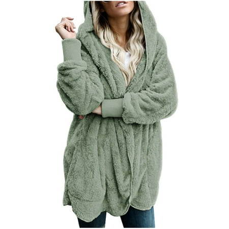 FNFYFH Ladies Fleece Cardigan Sweater Open Front Long Sleeve Hooded Cardigans 2025 Solid Fluffy Outerwear Coat Soft Comfy Sweater for Women S-XXL Clearance Deals Today