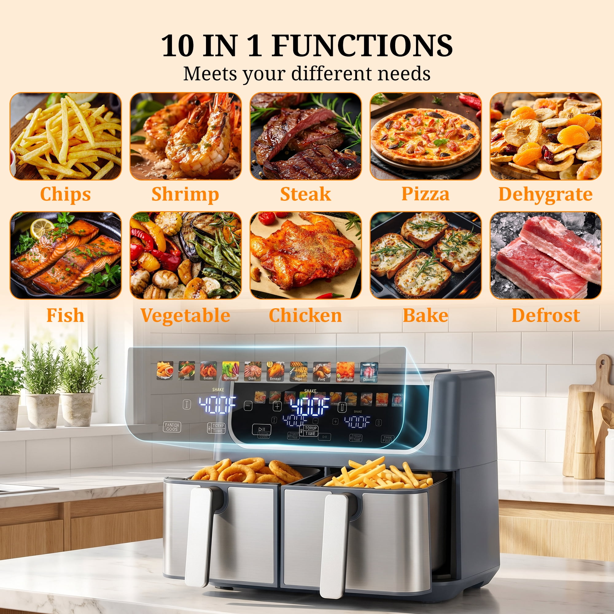 Atilioo Dual Basket Air Fryer, 9.5QT Fast Meal 10 Presets Cooker with 2 Independent 4.75Qt Basket & Sync Setting, Digital Touchcreen, Gray