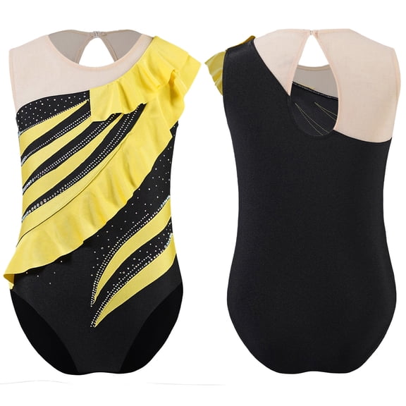 Kaerm Kids Shiny Rhinestone Sleeveless Ruffle Gymnastics Tank Leotard Sparkly Dance Unitard for Girls Black 14