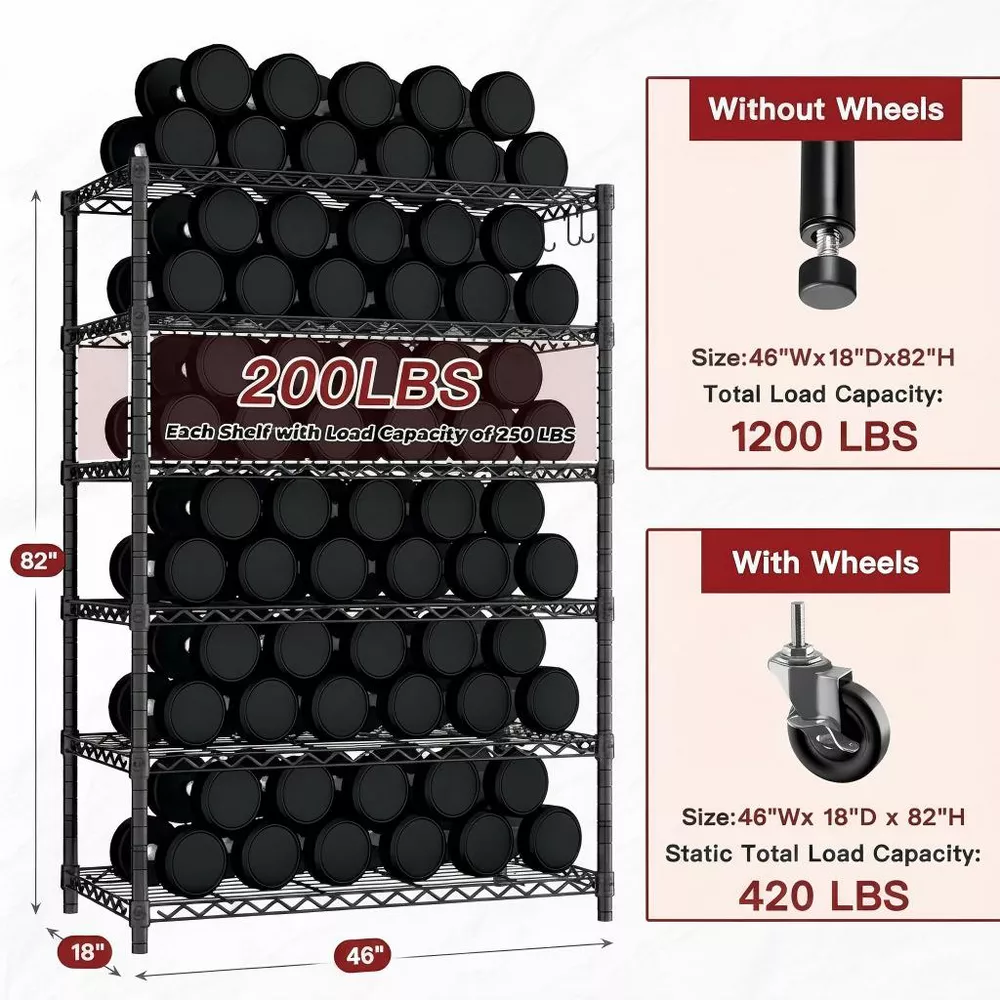 Sailvan 46"W 6-Tier Metal Wire Shelving Unit with Wheels, 1200LBS Heavy Duty Storage Shelves for Garage Kitchen Pantry, 18"Dx46"Wx82"H,Black