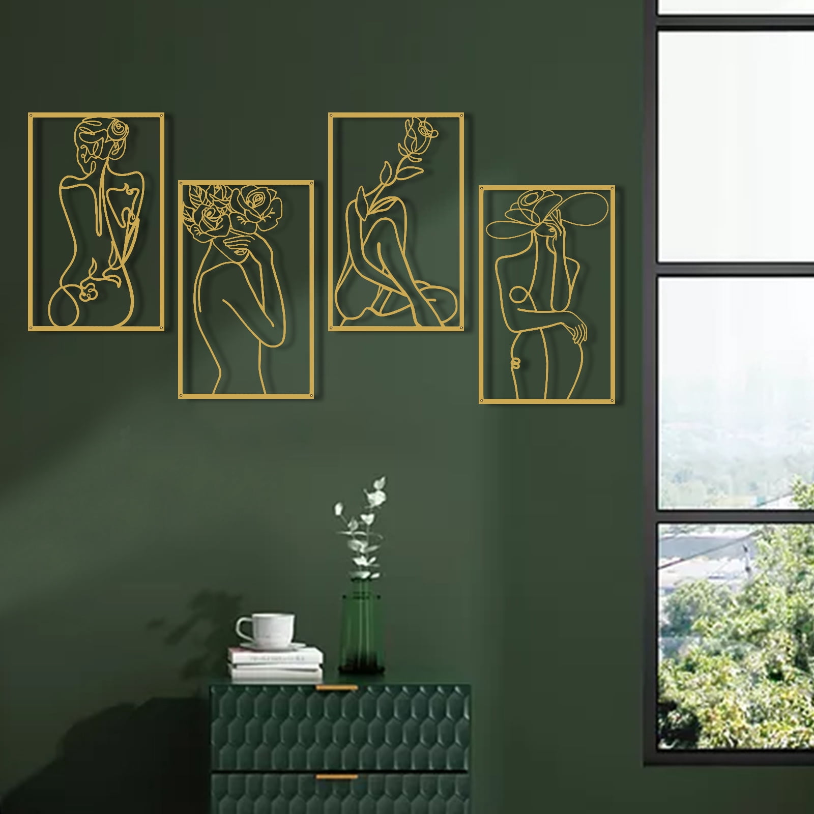 Wall Art Decor for Room Decor, 4 Piece Abstract Metal Wall Art, Female Gold Wall Decor, Minimalist Flower Line Wall Hangings for Home Living Room Bedroom Bathroom
