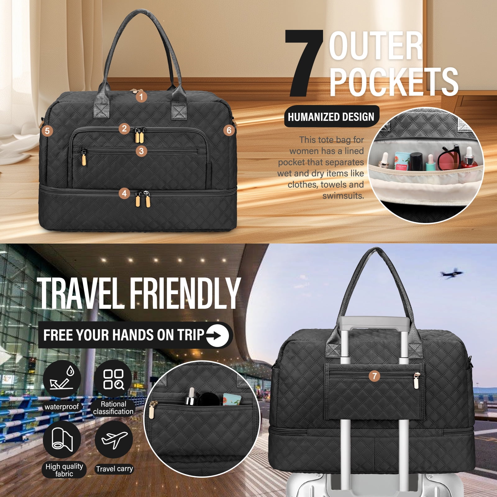 Livhil 2pcs Womens Overnight Bag, Carry on Weekender Bag with Shoe Compartment for Business Trips Sport Hospital, Black
