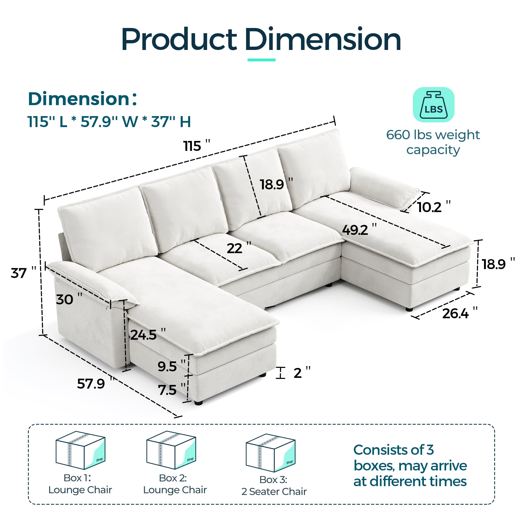 Linsy Home 115" Cloud Sectional Couches for Living Room, U-Shaped Sectional Sofa with Double Chaise, Beige