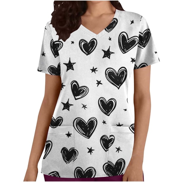 TaTaai Valentine Graphic Women Scrub Top Soft Cotton Relaxed Fit Short Sleeve V Neck Front Pocket Breathable Comfort Medical Work Casual Blouse Gift