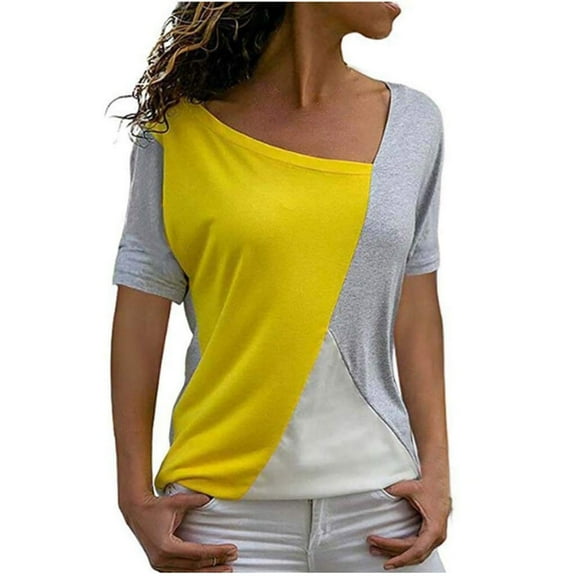 Tops for Women Casual Slant V-neck Solid Color Printed Short Sleeve T-shirt Beach Blouse Tops Women's Summer Clothes