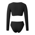 thumbnail image 4 of Women Long Sleeve Crop Top Two Piece Cheeky High Cut Thong Bikini Swimsuit Floral Rash Guard Bathing Suit Black L, 4 of 5