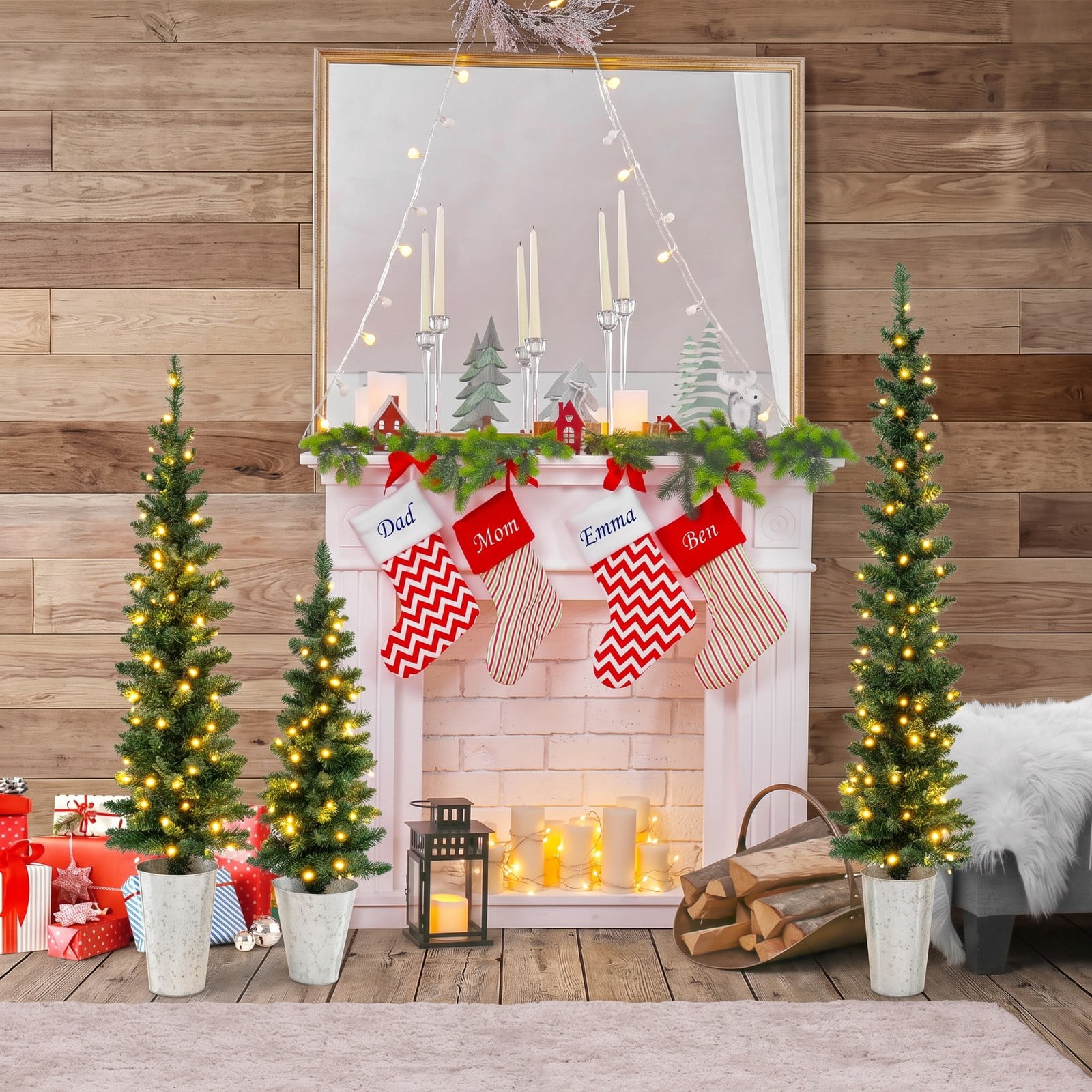 RUIE Set of 3 Pre-Lit Artificial Christmas Trees, 3 FT Tabletop Xmas Trees with 230 Warm White LED Lights, Auto Timer, Weighted Metal Base, PVC Holiday Decor, Green